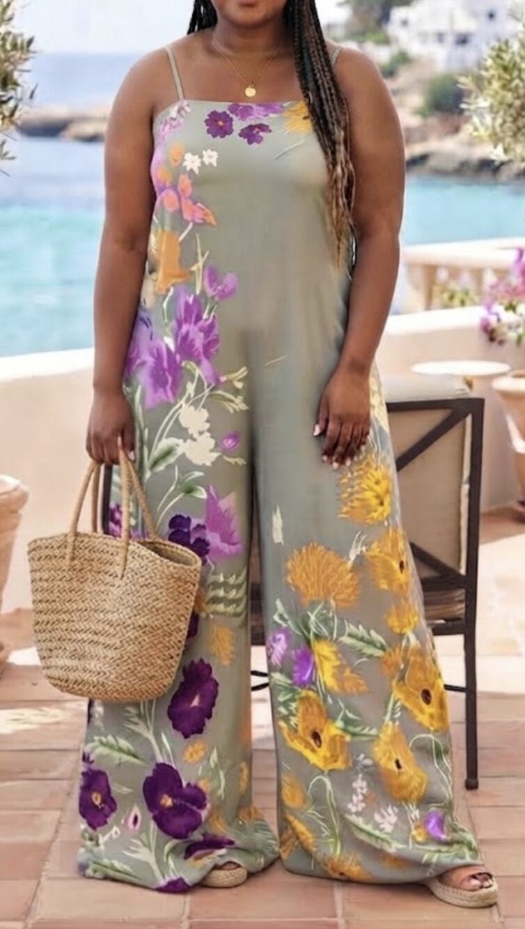 Anthropologie Green Floral Wide-Leg Square Neck Strappy Viscose Jumpsuit L